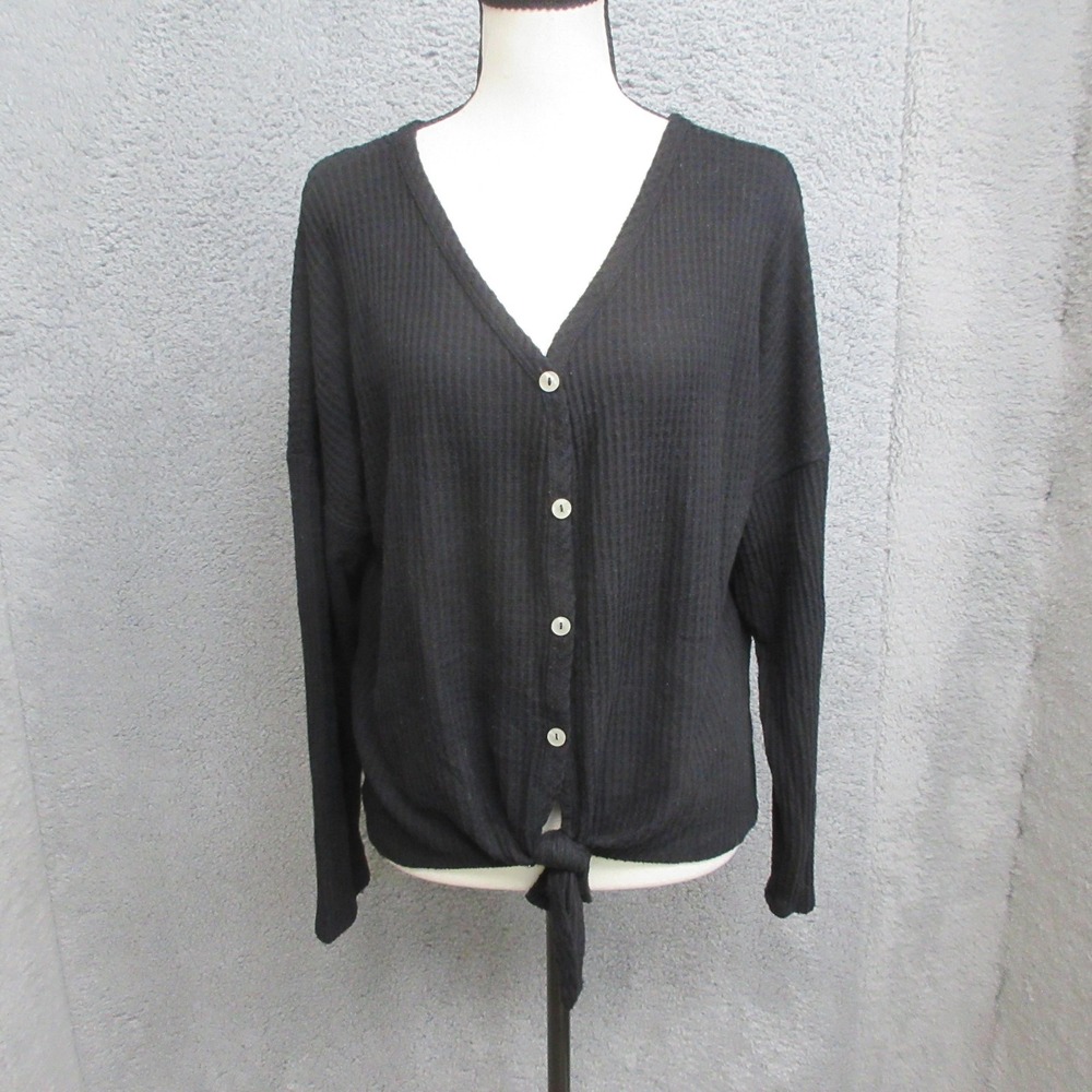Altar'd State Waffle Knit Tie Front Shirt Women M Black Cozy Casual Coastal Boho